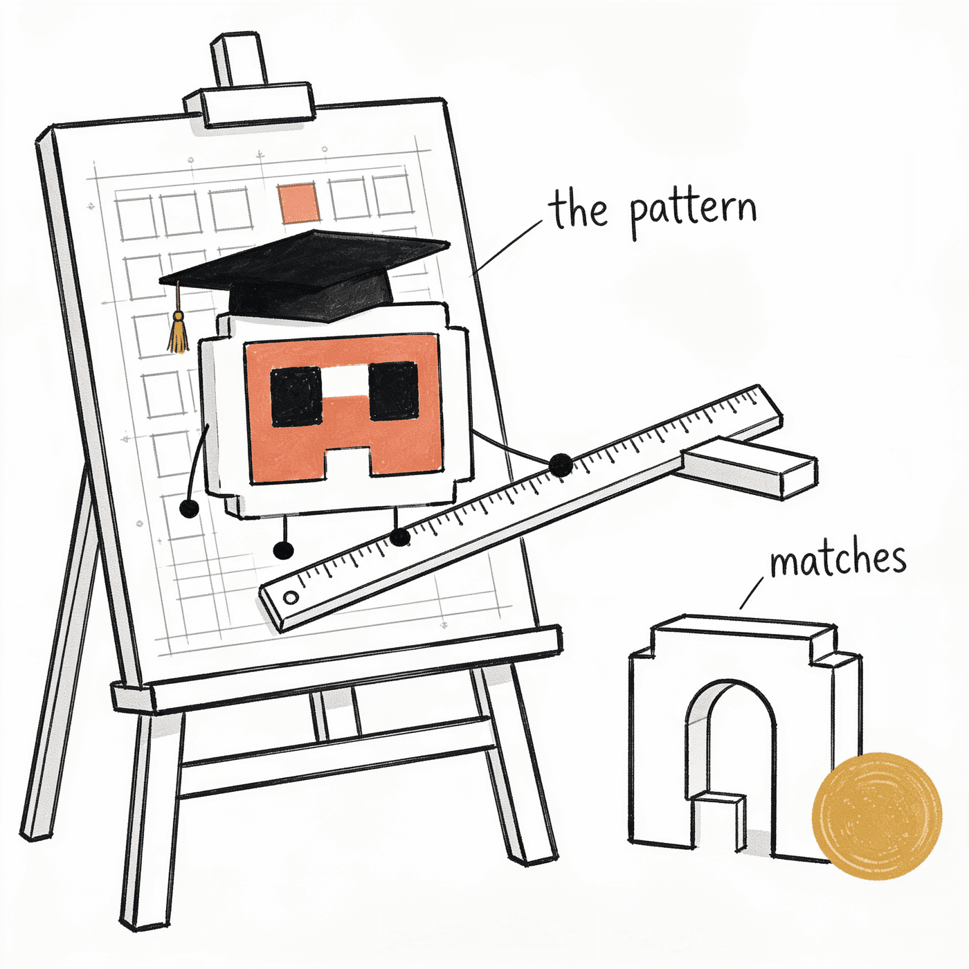 Archie the architect checking a beam against the exam blueprint's pattern with a ruler